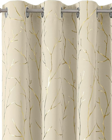 BUHUA Blackout Curtains Gold Tree Print Flower Grommet Drapes, Room Darkening Thermal Insulated Curtains, Noise Reducing Blackout Curtain for Bedroom, Beige, 52Wx72L, 2 Panels