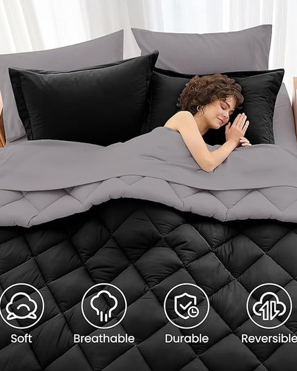 MUXHOMO 7 Pieces Queen Comforter Set, Reversible Bed in a Bag Queen Size, All Season Bedding Set with Comforter, Flat Sheet, Fitted Sheet, Pillowcases & Shams, Black & Soot