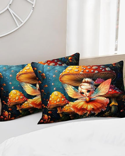 AILONEN Cartoon Butterfly Fairy Twin Size Comforter Set for Girls Kids,Mysterious Mushroom Forest Duvet Set 3Pcs,Beautiful Dancing Fairy Comforter with 2 Pillowcases