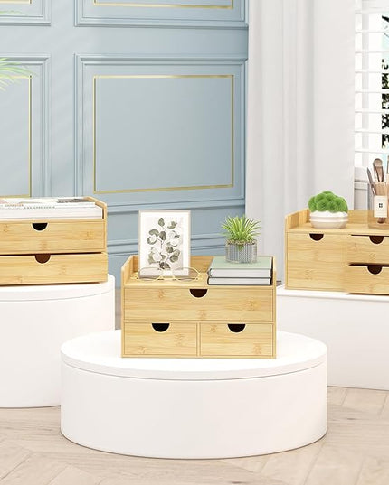 Wisuce Bamboo Desk Organizer - Mini Bamboo Desk Drawer Tabletop Cosmetic Storage Organization for Office or Home (Nature 2 Drawers)