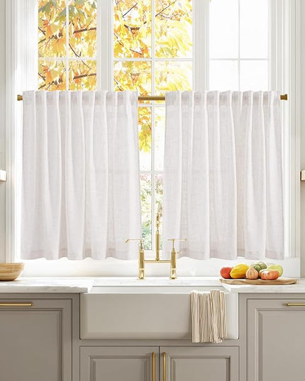 NICETOWN Natural Thick Linen (230GSM) Kitchen Window Curtains Over Sink, Back Tab & Rod Pocket with Pleat Tab Upmarket Linen Blend Light Filtering Drapes for Cafe, W29 x L30, 2 Panels