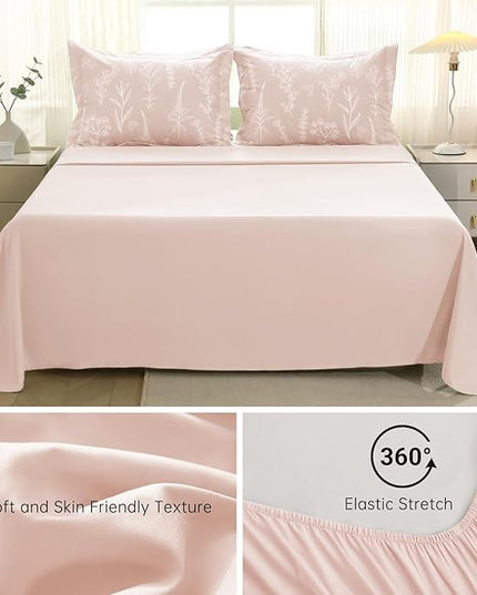 MUXHOMO Cameo Pink Cal King Comforter Set, Elegant Floral Print Bed in a Bag 7 Pieces, Ultra Soft & Breathable Reversible Botanical Pattern Bedding Set with Comforter, Sheets, Pillowcases, and Shams