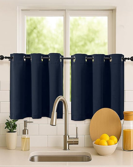 Simplebrand Navy Blue Short Kitchen Curtains 24 Inch Length 2 Panels Set, Small Windows Room Darkening Curtain for Bathroom, Cabinet, Basement, RV Camper, Thermal Insulated Short Drapes, 40 x 24 Inch