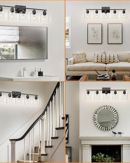 Modern 5 Light Bathroom Vanity Light, 31 inch Black Bathroom Lights Fixtures, Vanity Lights with Clear Glass for Mirror Kitchen Living Room Hallway Cabinet Porch