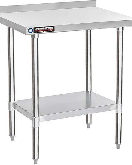 DuraSteel NSF Commercial Kitchen Table - 24 x 30 Inch Cooking Prep Stainless Steel Kitchen Island Workstation w/ Adjustable Under Shelf - Heavy Metal Backsplash Workbench For Restaurant, Home, Garage