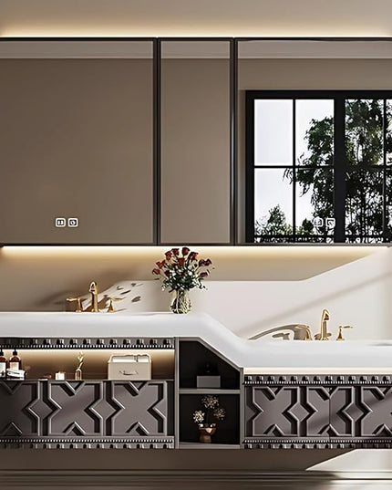 56IN Floating Bathroom Vanity with Sink, Double Sink Bathroom Vanities Set, with LED Smart Defog Mirror Cabinet | Equipped with Basins of Different Heights & 2 Drawers (Dark Coffee Color)
