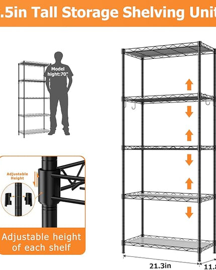 Storage Shelves,21.3" W x 11.8" D x 58.5" H Wire Shelving Unit Loads 550LBS,5-tier Adjustable Metal Utility Shelf,Garage Shelves with Liner and Hooks,Home Storage Rack for Kitchen,Laundry,Pantry