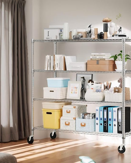 Himimi 72" H Storage Shelves 4 Tier Metal Shelving Adjustable Wire Shelf with Wheels, Heavy Duty Shelving for Garage Kitchen Pantry Bathroom Laundry,18" D*48" W*72" H, Silver