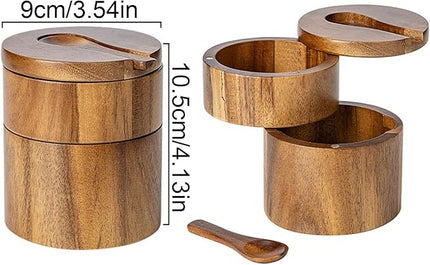 Salt Cellar – Pepper Container with Magnetic Swivel Lid Wooden Coffee and Sugar Storage Cellar Bowl with Spoon, Ideal for Seasoning, Cooking, Dining Table, Kitchen Countertop 3.54in