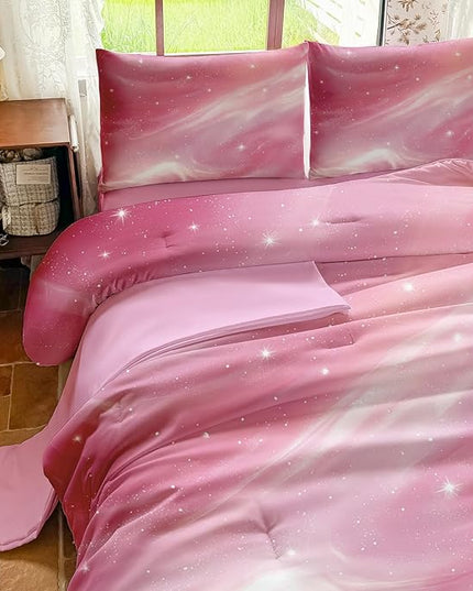 Full Size Bedding Sets Kids Bedding Sets for Girls, Galaxy Bedding 5 Pieces Bed in A Bag Full Size, Glitter Colorful Comforter for Girls