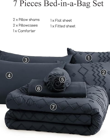 Full Size Comforter Set Navy Blue, Tufted Boho Bedding Farmhouse Bed Set, All Season 7 Pieces Bed in a Bag with Sheets, Pillowcases & Shams