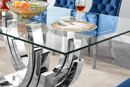 70" Large Glass Dining Table,Modern Rectangular Dining Room Table with 0.39" Tempered Glass Top & Silver Finish Stainless Steel Legs, Modern Clear Kitchen Table for Home Office