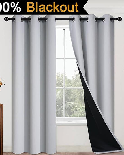 Yakamok 100% Blackout Curtains for Bedroom 84 Inch Length, 2 Thick Layers Thermal Insulated Grommet Total Blackout Drapes with Black Liner for Living Room (42Wx84L,Light Grey, 2 Panels)