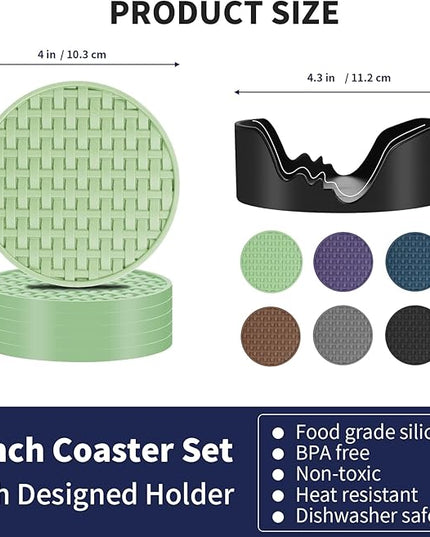Green Silicone Coasters Set of 6 with Holder, 4 Inch Round Non-Slip Heat Resistant Waterproof Coaster, Decorative Cup Mats for Coffee Table, Home, Kitchen, Office, Bar