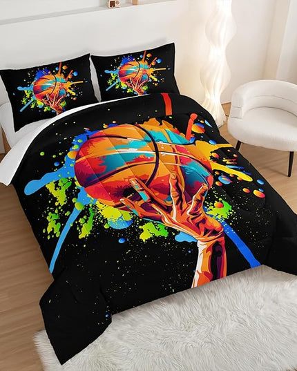 Black Basketball Comforter Set King Size,Watercolor Tie-dye Comforter Color Graffiti Hip Hop Style King Bed Set,Ball Sports Games Bedding Set for Teens Kids Bedroom Decor with 2 Pillowcases.