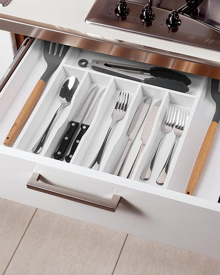 Large Premium Bamboo Silverware Organizer - Expandable Drawer Organizer & Utensil Organizer - 17"x19.7" Cutlery Tray with Dividers for Kitchen Utensils and Flatware (7-9 Slots) (White)