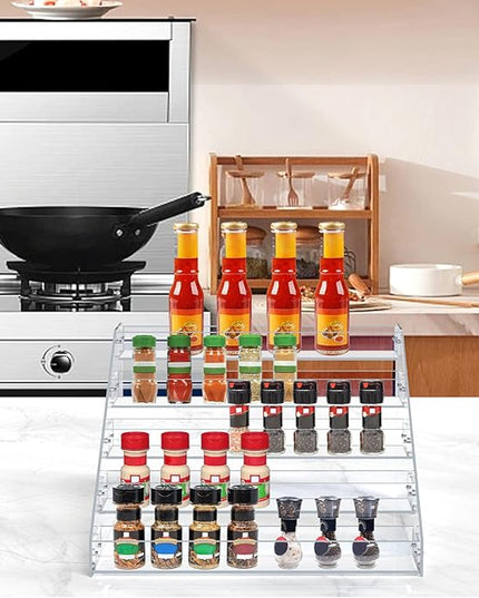 PMMASTO Tiered Spice Rack, Seasoning Organizer, Clear Acrylic Vertical Shelves Can Organizer for Countertop, Cabinet, Pantry, Kitchen Organization and Storage - 5 Tier