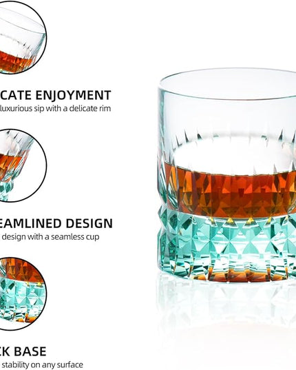 KAMMAK Crystal Whiskey Glasses Set, 7.8 oz (230 ml) Hand Blown Old Fashioned Tumbler, Thick Base Colored Glass with Delicate Rim & Seamless Design for Scotch, Bourbon, Cocktails, Aqua Green
