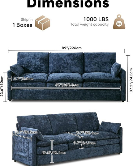 Tbfit Modern Couch, 89" Cloud Sofa Spring Seat Cushions, Comfy 3-Seater w/Pillows, Chenille Fabric Removable Covers, Soft Upholstered Living Room Furniture, Home Apartment, Blue