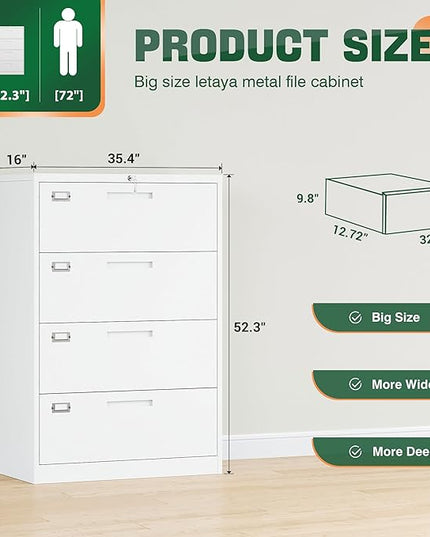 Letaya 4 Drawer File Cabinet with Lock, Metal Lateral Filing Cabinet Wide Office Organization Storage for Home Office Hanging Letter/Legal/F4/A4 (White-Requires Installation)