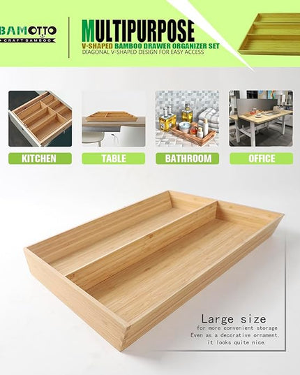 2-Piece V-Shaped Bamboo Drawer Organizer - Ideal for Kitchen's Large Long Tableware, Cooking Utensils, Flatware, Silverware - Wood Storage Box for Home, Bedroom, Bathroom (19.6"x12.4" & 19.6"x7.8")