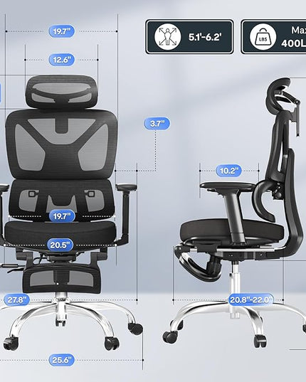 FLEXISPOT ErgoX Premium Ergonomic Office Chair with Footrest- Adjustable 3D Armrests, Dynamic Lumbar Support, Recline & Tilt Function, Mesh Seat, for Home & Office Use,Foam Black