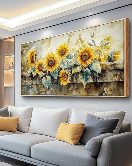 ERQINHUA Large Wall Decor Canvas Painting Wall Art For Living Room Decor Vintage Yellow Sunflower Painting Wood Frame DecorPrint Artwork For Dining Room Bedroom Bathroom Kitchen Home Decor 24x48 In