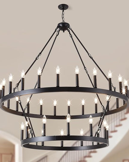 Black Wagon Wheel Chandelier 2 Tier 36-Light, 48-Inch Large Farmhouse Industrial Chandelier Round Rustic Pendant Light Fixture for High Ceilings Foyer, Entryway, Dining Room, E12