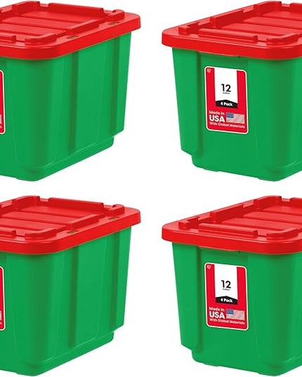 IRIS USA 4-Pack 12 Gallon Storage Bins with Lids |Made in USA| Heavy Duty Plastic Tote Containers for Holiday Organization, Large - Green/Red