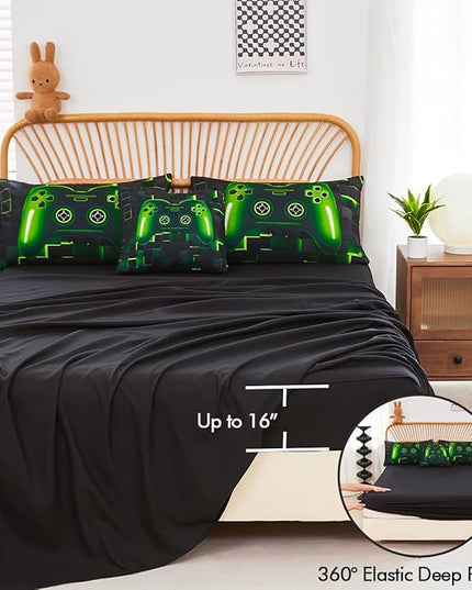 PERFEMET 6 Pcs Gaming Bedding Set Queen Size Green Game Console Kids Bed in A Bag 3D Black Gamer Comforter Set with Sheets for Boys Teen Lightweight Video Gamepad Bedroom Set(Green, Queen)