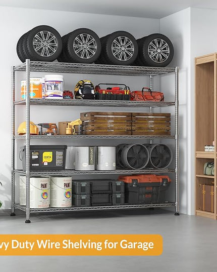 Himimi Storage Shelves with Wheels, 5-Tier Heavy Duty Steel Wire Rack Storage Shelving, Adjustable Metal Storage Shelves for Garage Kitchen Pantry Bathroom Laundry 18" D*60" W*82" H, Silver