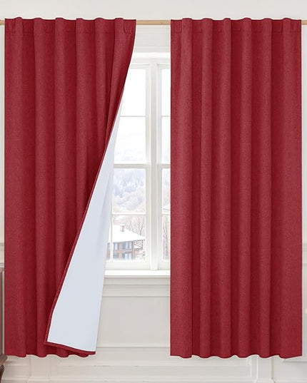 LAMIT 100% Blackout Linen Curtains, 72 Inches Linen Textured Thermal Bedroom Panels Back Tab and Rod Pocket Neutral Christmas Drapes with White Liner for Living Room, 2 Panels, 52 x 72 Inch, Red