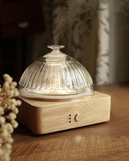 Glass Dome Essential Oil Diffuser with Glass Reservoir & Wood Base-No Plastic, 200ml Ultrasonic Diffuser for Aromatherapy with Timer 7 Color Light Auto-Off for Home Office Yoga Pilates