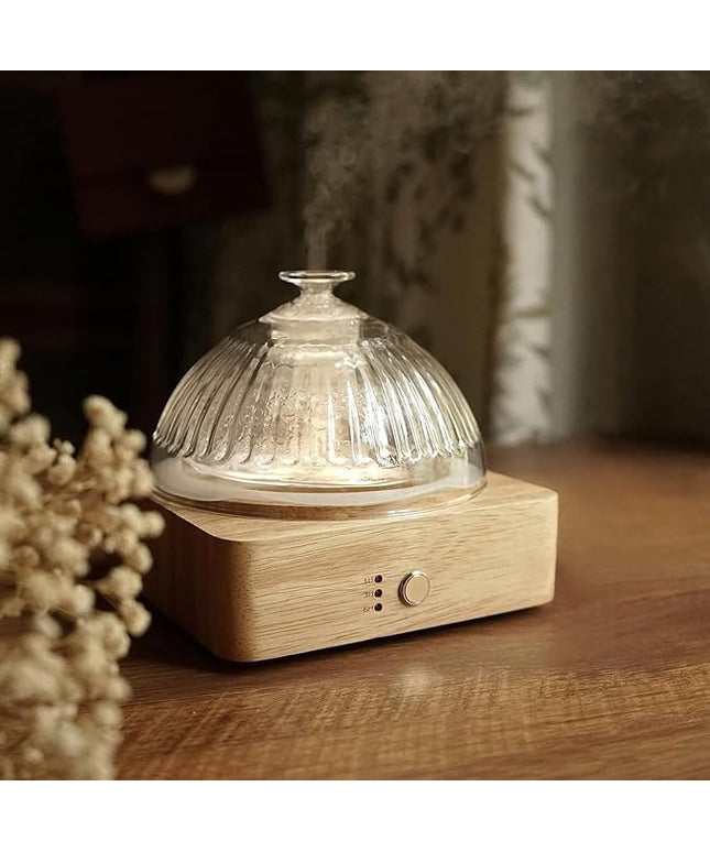 Glass Dome Essential Oil Diffuser with Glass Reservoir & Wood Base-No Plastic, 200ml Ultrasonic Diffuser for Aromatherapy with Timer 7 Color Light Auto-Off for Home Office Yoga Pilates