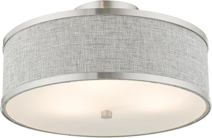 Livex Lighting 60423-91 Park Ridge Collection 3-Light Semi Flush Mount Ceiling Light with Oatmeal Color Hardback Fabric Shade, Brushed Nickel, 15 x 15 x 8