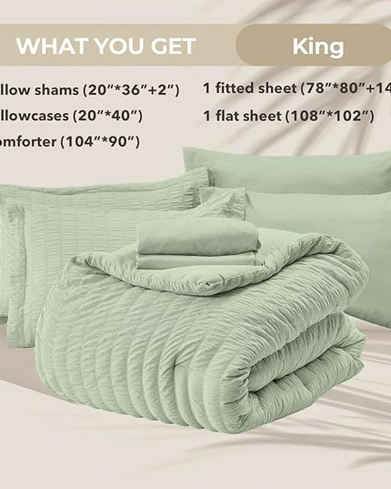 HYMOKEGE Light Green King Size Comforter Set Seersucker 7 Pieces, All Season Luxury Bed in a Bag for Bedroom, Bedding Set with Comforters, Sheets, Pillowcases & Shams