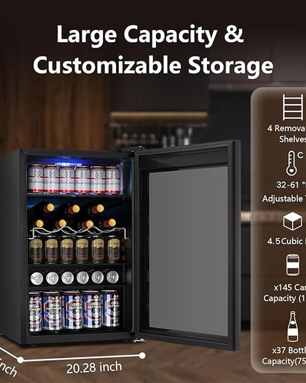 37 Bottle Wine Fridge,Freestanding 145 Can Beverage Refrigerator with Smart Temperature Control，4.5 CU FT Quiet Mini Fridge with Child Lock Panel for Family Restaurant Bar, Black