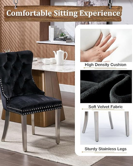 70" Modern Silver Glass Dining Table Set for 6, 7-Piece Rectangle Kitchen Dining Room Table Set with Steel Base & 6 Black Velvet Upholstered Chairs, Modern Glass Kitchen Table and Chairs Set of 6