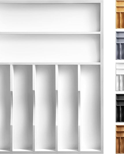 Kitchen Bamboo Silverware Organizer, Kitchen Drawer Organizer - Utensil Holder and Cutlery Tray with Grooved Drawer Dividers for Flatware 7 Slot, White