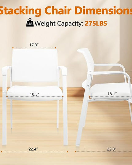 CLATINA Stacking Office Chairs | Mesh Back, Thicken Leather Seat and Arms, Ergonomic Lumbar Support | Guest Reception, Waiting, Conference, School, Party, Customer, Side, Stationary | Set of 4, White