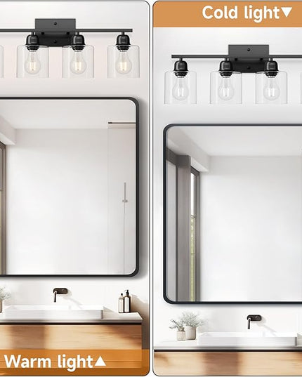 Modern 4 Light Bathroom Light Fixtures, 24 inch Black Vanity Lights for Bathroom with Clear Glass, Bathroom Vanity Light for Mirror Kitchen Living Room Hallway Cabinet Porch
