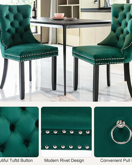 Modern 7-Piece Glass Dining Table Set for 6, Modern 60" Rectangle Black Glass Dining Room Table Set with Green Velvet Tufted Chairs Wood Legs for Kitchen Dining Room