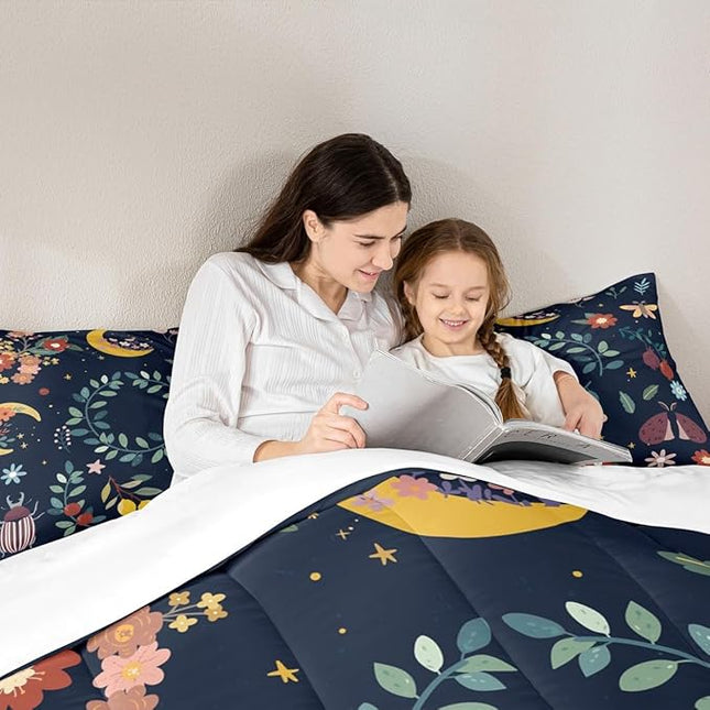 Sun Moon Comforter Set King Size,Starry Sky Galaxy Trippy Boho Bedding Set,Boys Girls Adults Room Decor,Flowers Leaves Wildlifes Rustic Down Comforter,Colorful Country Duvet Insert,2 Pillowcases