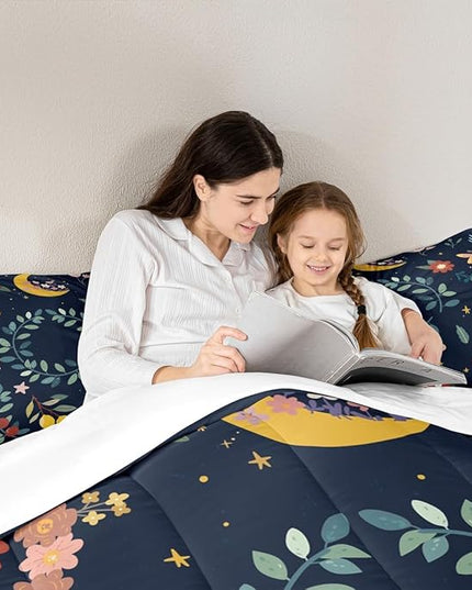 Sun Moon Comforter Set Full Size,Starry Sky Galaxy Trippy Boho Bedding Set,Boys Girls Adults Room Decor,Flowers Leaves Wildlifes Rustic Down Comforter,Colorful Country Duvet Insert,2 Pillowcases