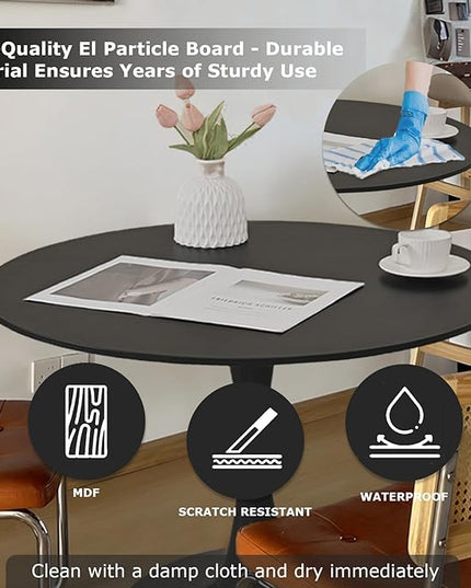 Round Table,31.5" Modern Black veneered Dining Table for 2-4 People with MDF Top&Metal Pedestal Base,Coffee Table Thickened Tabletop for Dining Room/Kitchen/Living Room,Black