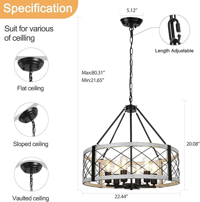 White Farmhouse Chandelier, 6-Light Rustic French Country Chandelier for Dining Room, Modern Industrial Light Fixture Kitchen Island, Round Metal Vintage Hanging Light for Foyer, Entryway, Bedroom