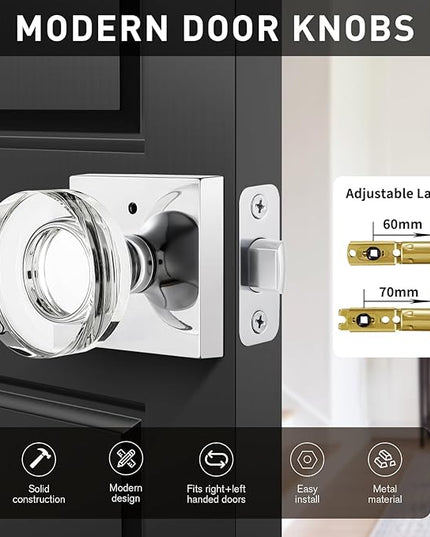 Polished Chrome Door Knobs Interior, Privacy Crystal Glass Door Knobs with Lock for Bathroom Bedroom