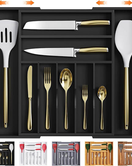 Bellsal Large Premium Bamboo Silverware Organizer - Expandable Utensil Drawer Organizer - 17"x19.6" Utensil Holder and Cutlery Tray with Grooved for Kitchen Flatware and Utensils(7-9 Slot, Black)