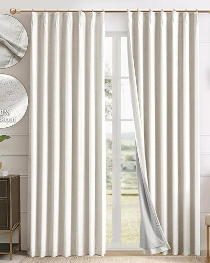 IVAPUPU Pinch Pleated Linen Blackout Curtains for Bedroom, Natural Full Black Out Curtains 84 Inches Long for Living Room Darkening Thermal Insulated Neutral Pleat Drapes with 16 Hooks, 2 Panels
