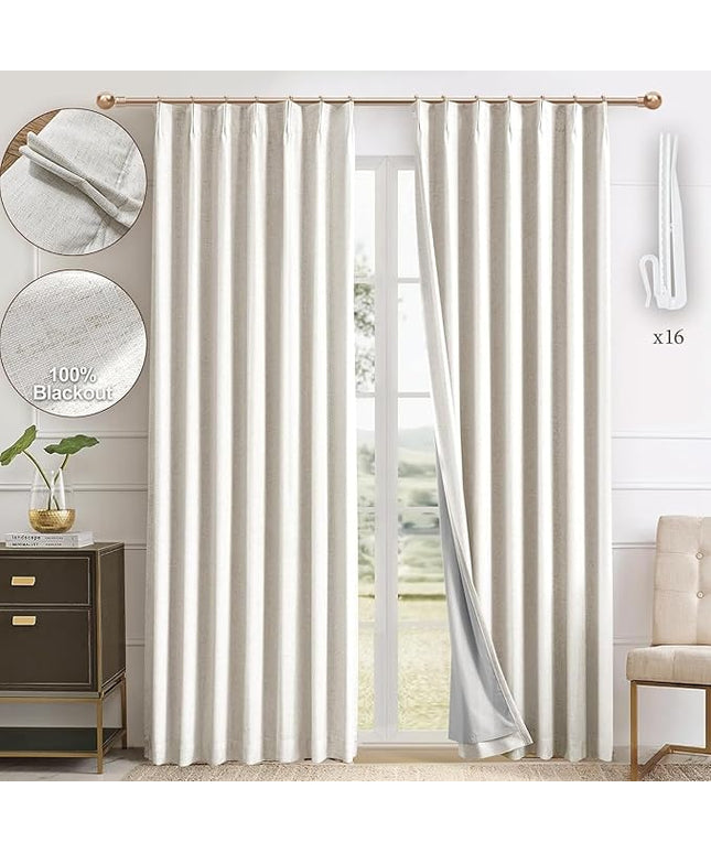 Pinch Pleated 100% Blackout Linen Curtains 95 Inches Long for Bedroom Natural Black Out Pleat Curtains for Living Dining Room Darkening Thermal Insulated Window Curtain Drapes with Pin Hooks, 2 Panels